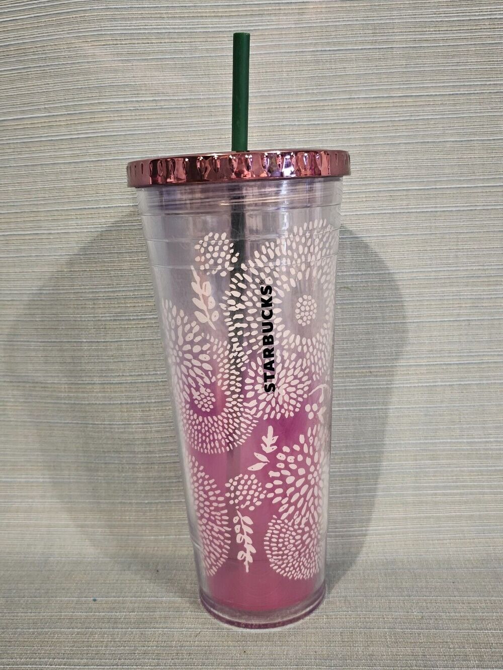 2012 Starbucks Dandelion Blossom Plastic Tumbler Travel Cup Pink Venti 24 Oz